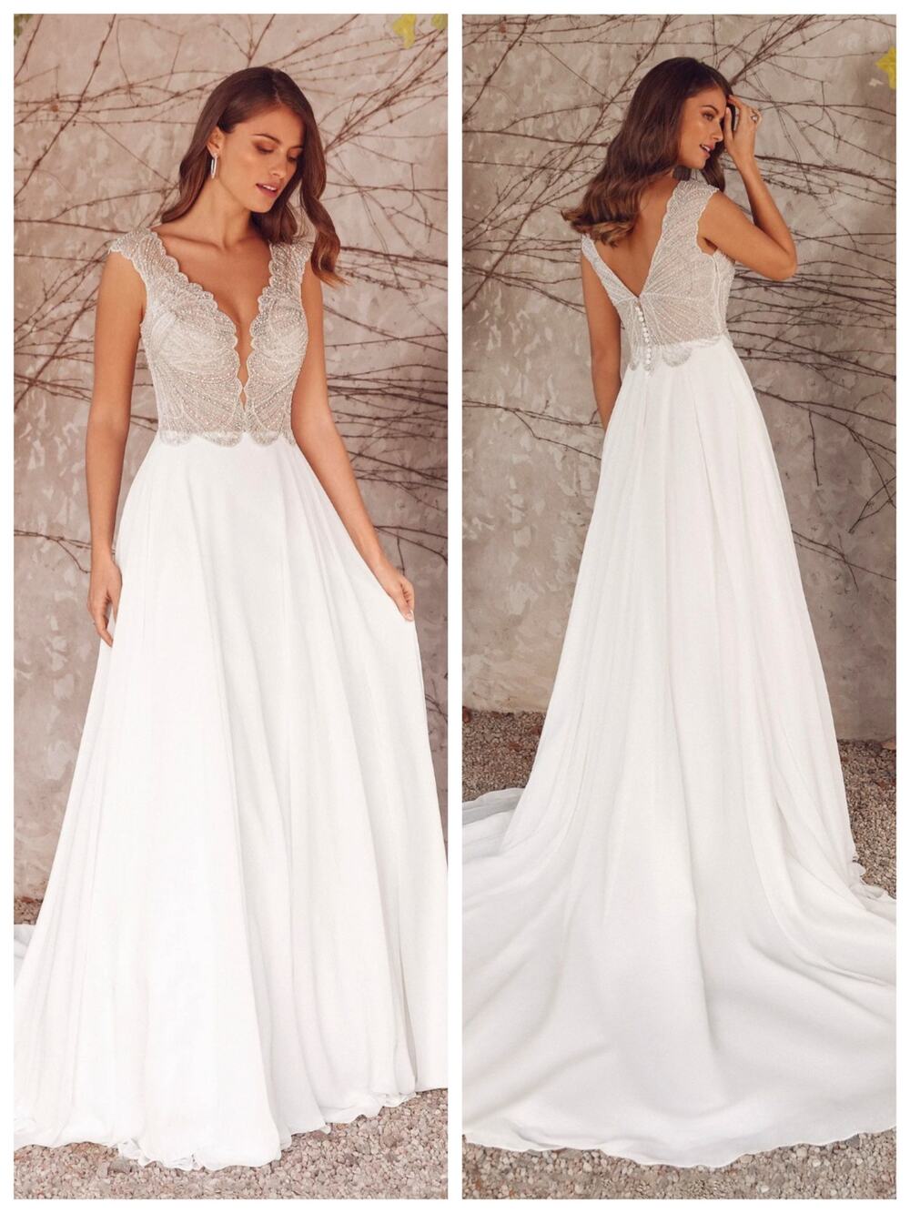 Justin Alexander Adena Wedding Dress Size 12 Beaded Chiffon Bridal Gown Ivory